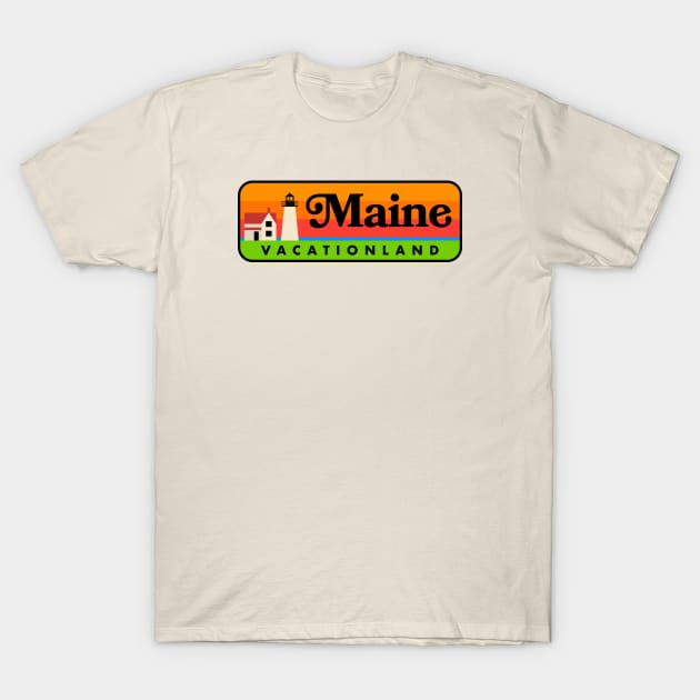 Maine "Vacationland" Retro Lighthouse (Black) T-Shirt by deadmansupplyco